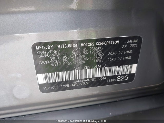 12600361 :رقم المزاد ، JA4J4VA87NZ609044 vin ، 2022 Mitsubishi Outlander Sel/sel Special Edition مزاد بيع