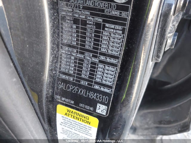 12600362 :رقم المزاد ، SALCP2FXXLH843310 vin ، 2020 Land Rover Discovery Sport Se مزاد بيع