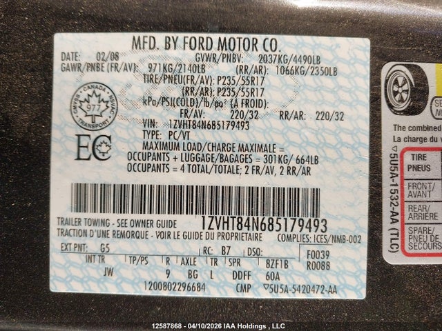 Продажа на аукционе авто 2008 Ford Mustang Convertible, vin: 1ZVHT84N685179493, номер лота: 12587868