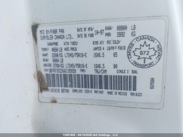 12591605 :رقم المزاد ، 3B7KF22Z2WG135659 vin ، 1998 Dodge Power Ram 2500 St مزاد بيع
