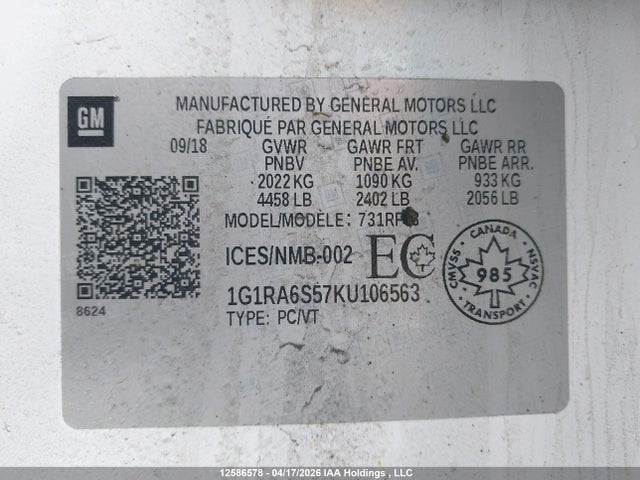 1G1RA6S57KU106563 Chevrolet VOLT LT