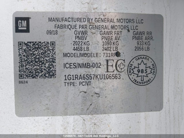 1G1RA6S57KU106563 Chevrolet VOLT LT