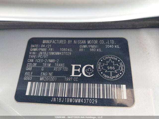 Aukcja sprzedaży 2021 Nissan Rogue Sport Sv, vin: JN1BJ1BW0MW437029, numer aukcji: 12600368