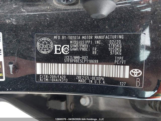 12600370 :رقم المزاد ، 5YFBPRBE5LP118699 vin ، 2020 Toyota Corolla L مزاد بيع