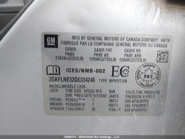 Aukcja sprzedaży 2016 Gmc Terrain Sle-2, vin: 2GKFLNE32G6334246, numer aukcji: 12600374