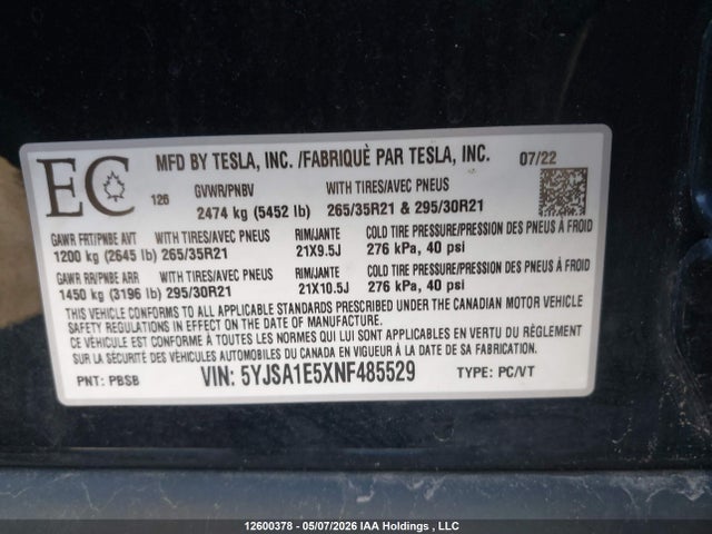 2022 Tesla Model S მანქანა იყიდება აუქციონზე, vin: 5YJSA1E5XNF485529, აუქციონის ნომერი: 12600378