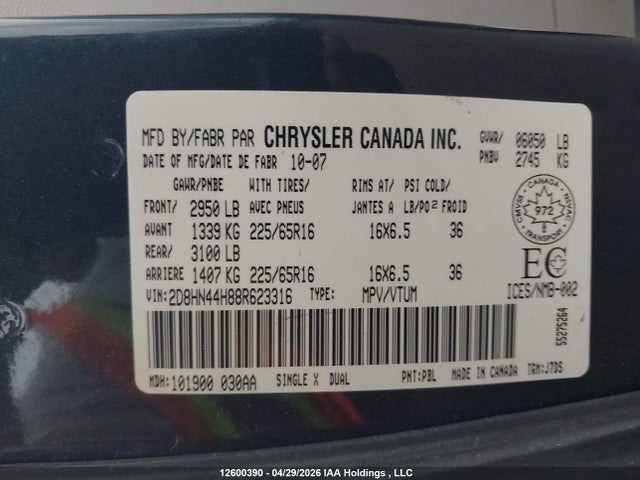 12600390 :رقم المزاد ، 2D8HN44H88R623316 vin ، 2008 Dodge Grand Caravan Se مزاد بيع