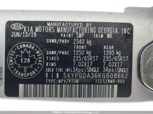 5XYPGDA36KG608662 KIA Sorento 2.4l Lx
