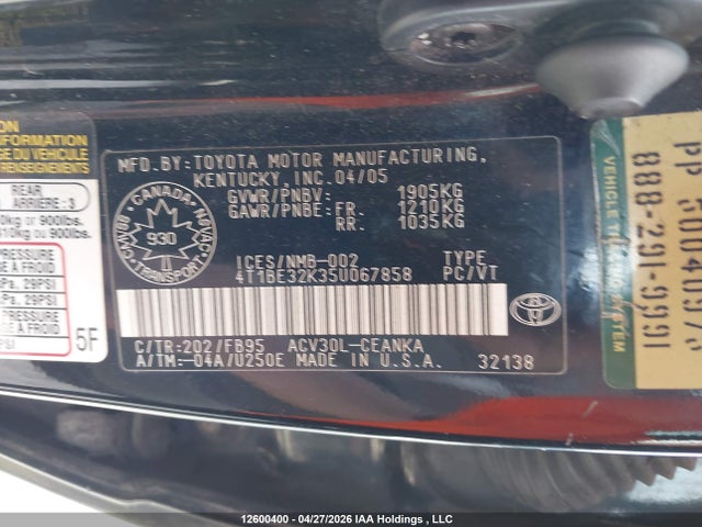 12600400 :رقم المزاد ، 4T1BE32K35U067858 vin ، 2005 Toyota Camry Le/xle/se مزاد بيع