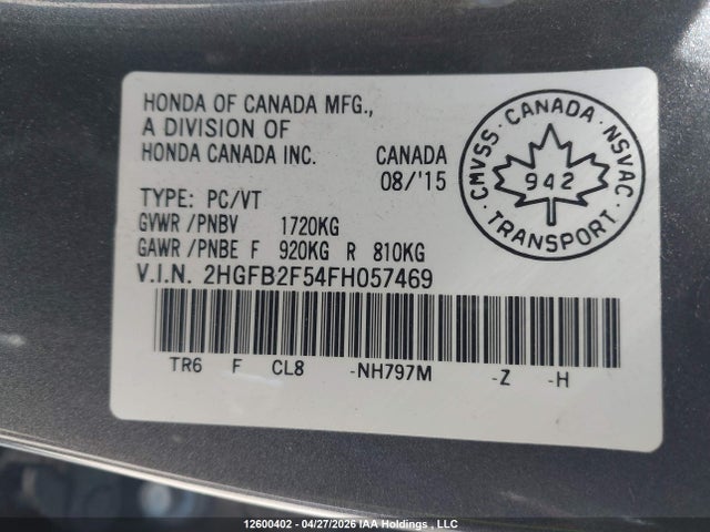 12600402 :رقم المزاد ، 2HGFB2F54FH057469 vin ، 2015 Honda Civic Lx مزاد بيع
