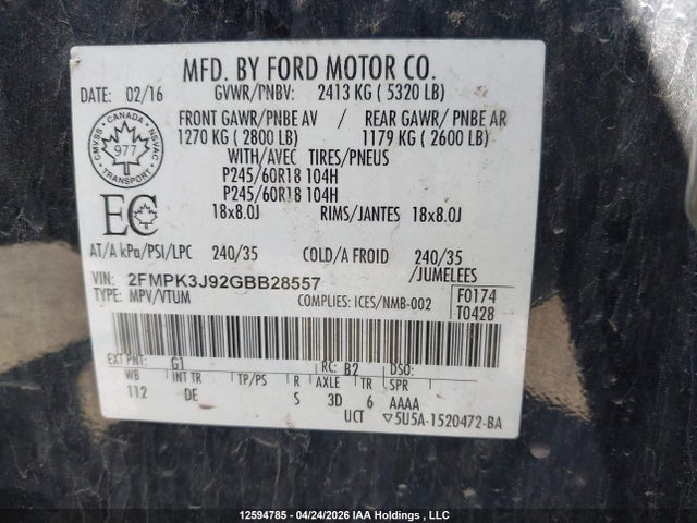 Продажа на аукционе авто 2016 Ford Edge Sel, vin: 2FMPK3J92GBB28557, номер лота: 12594785