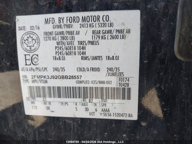 Продажа на аукционе авто 2016 Ford Edge Sel, vin: 2FMPK3J92GBB28557, номер лота: 12594785