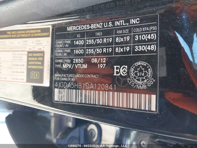 Продаж на аукціоні авто 2013 Mercedes-benz Ml 350 4matic, vin: 4JGDA5HB1DA120841, номер лоту: 12595270