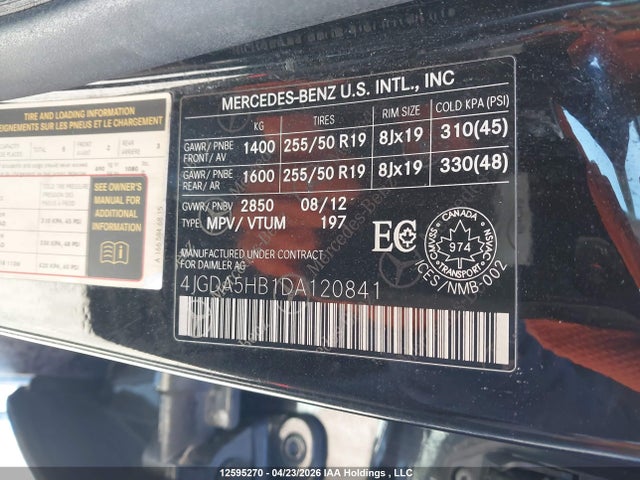 Продаж на аукціоні авто 2013 Mercedes-benz Ml 350 4matic, vin: 4JGDA5HB1DA120841, номер лоту: 12595270
