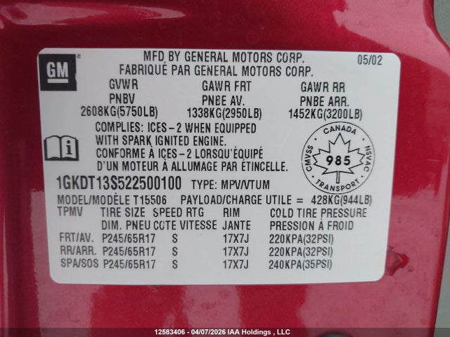 Aukcja sprzedaży 2002 Gmc Envoy Sle/slt, vin: 1GKDT13S522500100, numer aukcji: 12583406