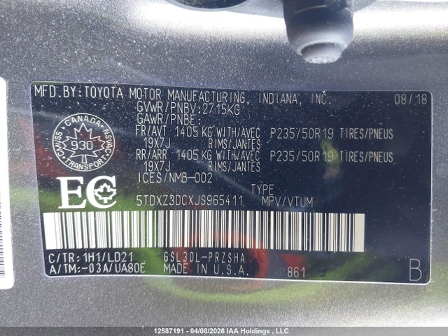 5TDXZ3DCXJS965411 Toyota Sienna Se 8-passenger
