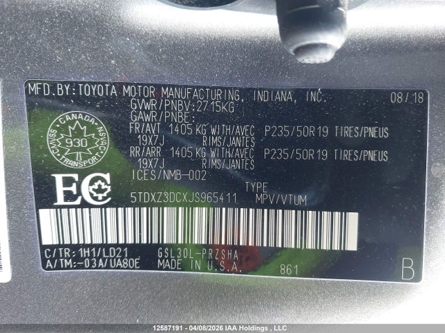5TDXZ3DCXJS965411 Toyota Sienna Se 8-passenger