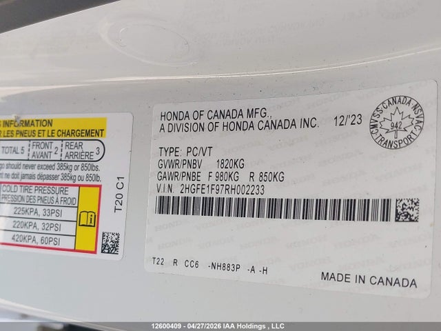 12600409 :رقم المزاد ، 2HGFE1F97RH002233 vin ، 2024 Honda Civic مزاد بيع