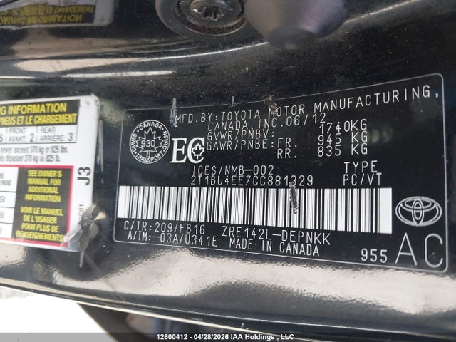 2012 Toyota Corolla მანქანა იყიდება აუქციონზე, vin: 2T1BU4EE7CC881329, აუქციონის ნომერი: 12600412