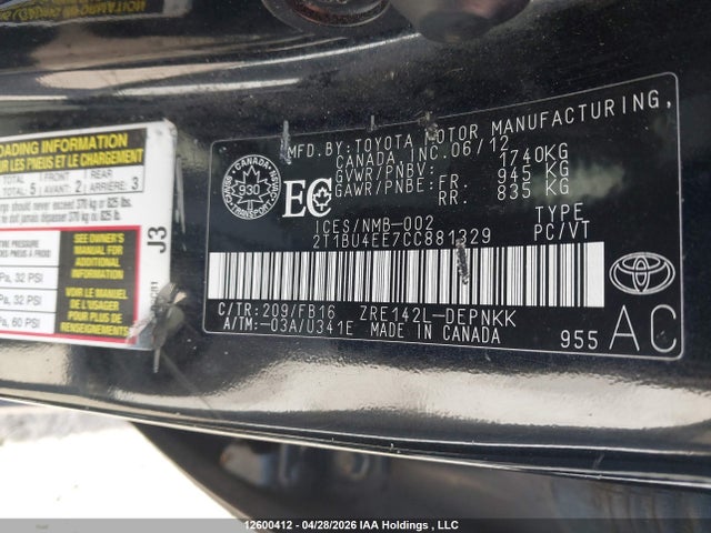 2012 Toyota Corolla მანქანა იყიდება აუქციონზე, vin: 2T1BU4EE7CC881329, აუქციონის ნომერი: 12600412