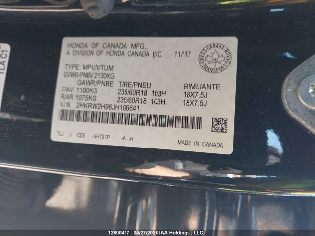 Продажа на аукционе авто 2018 Honda Cr-v Touring, vin: 2HKRW2H96JH106641, номер лота: 12600417