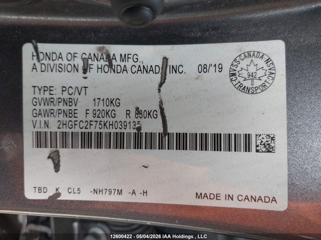 12600422 :رقم المزاد ، 2HGFC2F75KH039135 vin ، 2019 Honda Civic مزاد بيع