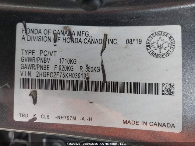 12600422 :رقم المزاد ، 2HGFC2F75KH039135 vin ، 2019 Honda Civic مزاد بيع