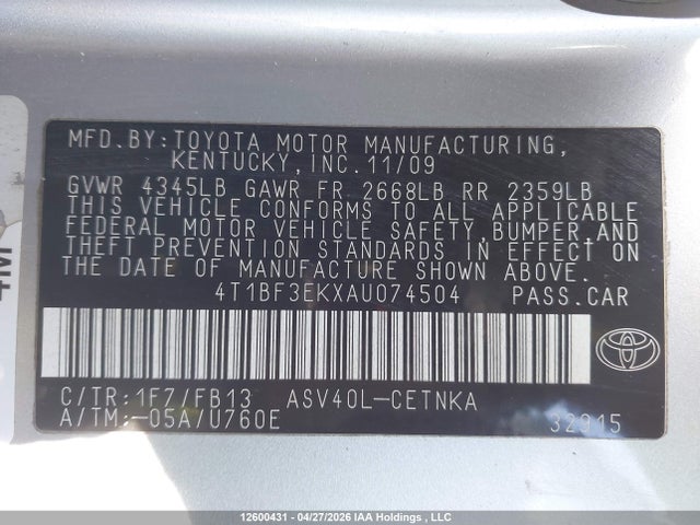 12600431 :رقم المزاد ، 4T1BF3EKXAU074504 vin ، 2010 Toyota Camry Le مزاد بيع