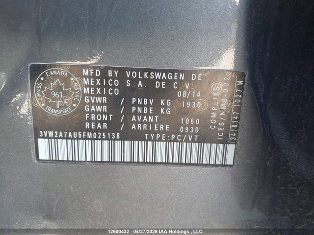 2015 Volkswagen Golf Tdi მანქანა იყიდება აუქციონზე, vin: 3VW2A7AU5FM025138, აუქციონის ნომერი: 12600432