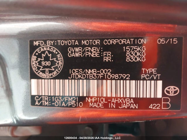 Toyota Prius 2015 JTDKDTB37F1098792 Image 9