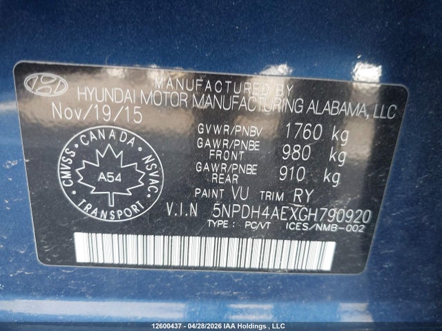 Aukcja sprzedaży 2016 Hyundai Elantra Gl, vin: 5NPDH4AEXGH790920, numer aukcji: 12600437