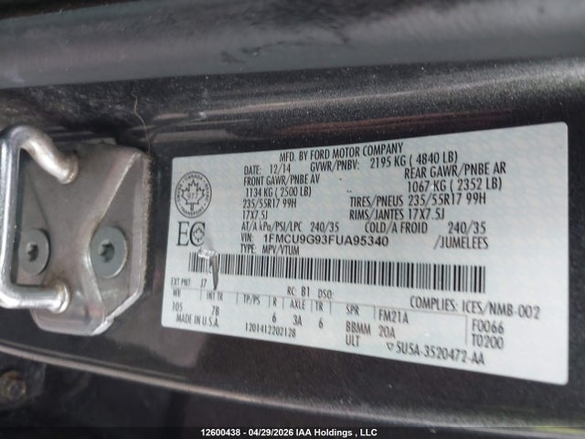 Продажа на аукционе авто 2015 Ford Escape Se, vin: 1FMCU9G93FUA95340, номер лота: 12600438