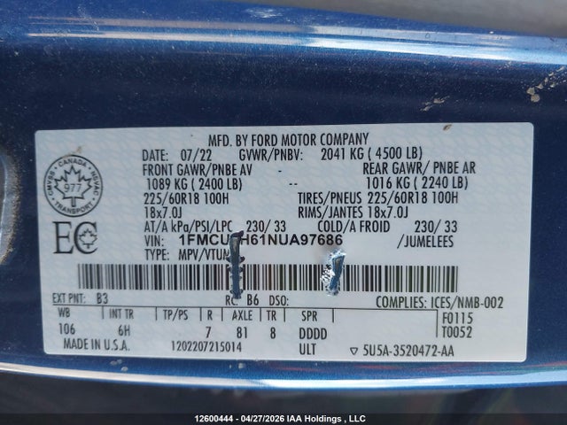 Ford ESCAPE SEL 2022 1FMCU9H61NUA97686 Image 19