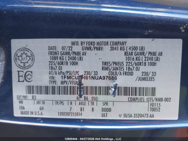 Ford ESCAPE SEL 2022 1FMCU9H61NUA97686 Image 9