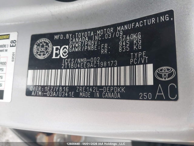12600448 :رقم المزاد ، 2T1BU4EE9AC198173 vin ، 2010 Toyota Corolla Ce مزاد بيع