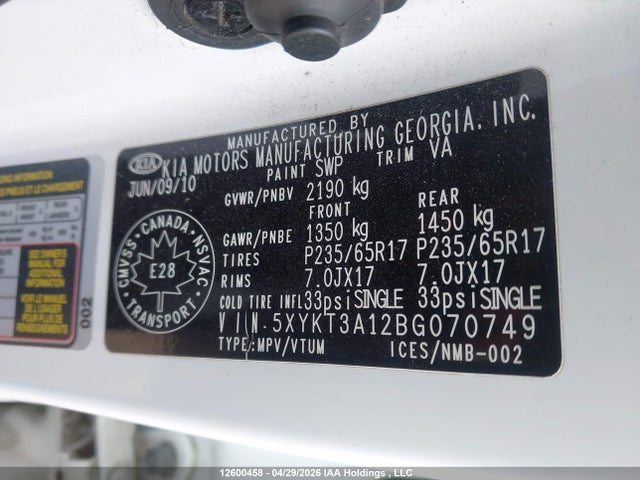 Продажа на аукционе авто 2011 Kia Sorento Lx, vin: 5XYKT3A12BG070749, номер лота: 12600458