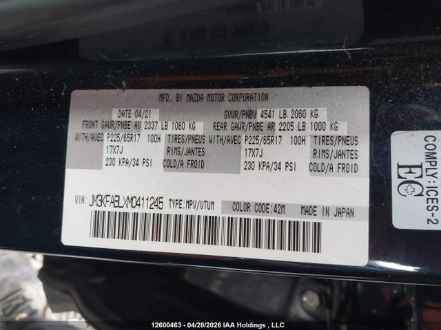 12600463 :رقم المزاد ، JM3KFABLXM0411245 vin ، 2021 Mazda Cx-5 Sport مزاد بيع
