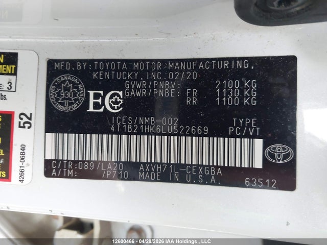 2020 Toyota Camry Hybrid Xle მანქანა იყიდება აუქციონზე, vin: 4T1B21HK6LU522669, აუქციონის ნომერი: 12600466