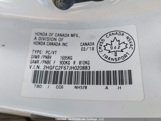 Honda CIVIC SE 2018 2HGFC2F67JH020883 Image 9