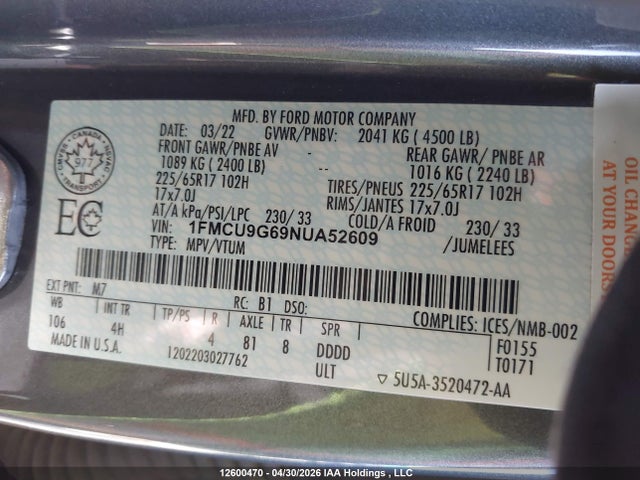 12600470 :رقم المزاد ، 1FMCU9G69NUA52609 vin ، 2022 Ford Escape Se مزاد بيع