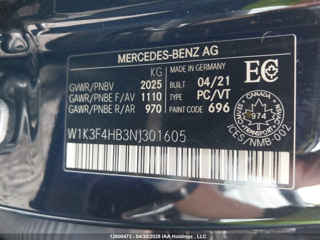 W1K3F4HB3NJ301605 Mercedes-Benz A 250 4matic