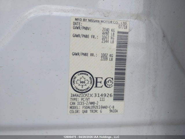 Aukcja sprzedaży 2018 Nissan Leaf S/sl/sv, vin: 1N4AZ1CP2JC314926, numer aukcji: 12600475