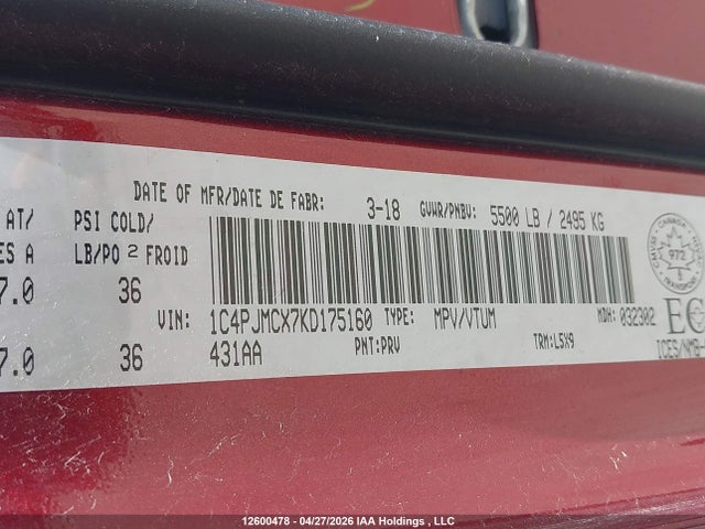 12600478 :رقم المزاد ، 1C4PJMCX7KD175160 vin ، 2019 Jeep Cherokee مزاد بيع