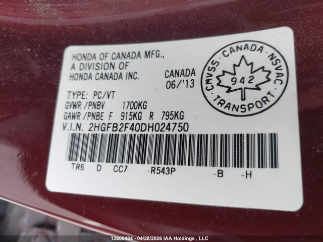 Продажа на аукционе авто 2013 Honda Civic, vin: 2HGFB2F40DH024750, номер лота: 12600484