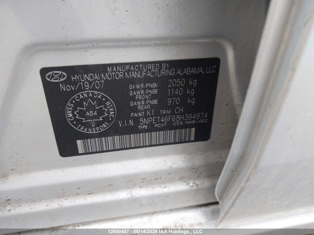 2008 Hyundai Sonata Gl V6/gls V6 მანქანა იყიდება აუქციონზე, vin: 5NPET46F68H394974, აუქციონის ნომერი: 12600487