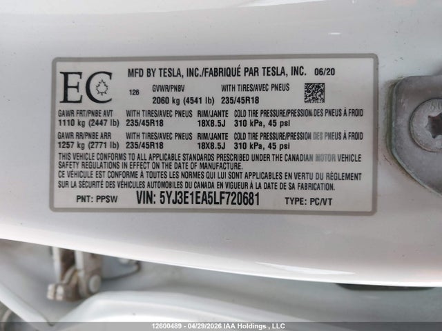 Tesla MODEL 3 2020 5YJ3E1EA5LF720681 Image 19