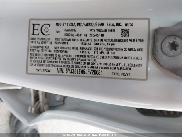 Tesla MODEL 3 2020 5YJ3E1EA5LF720681 Image 9