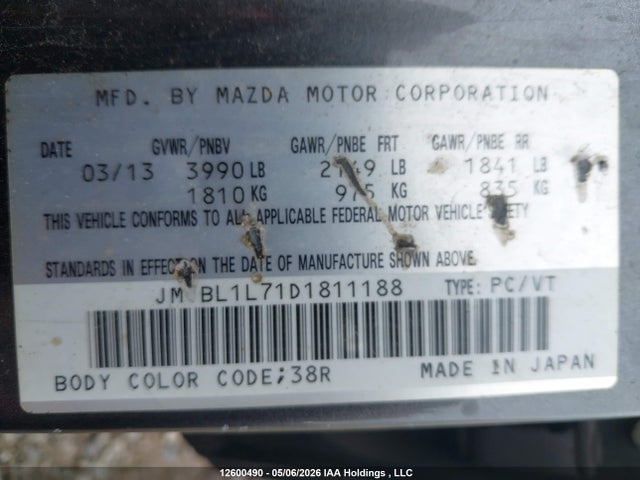 12600490 :رقم المزاد ، JM1BL1L71D1811188 vin ، 2013 Mazda Mazda3 Gs-sky مزاد بيع