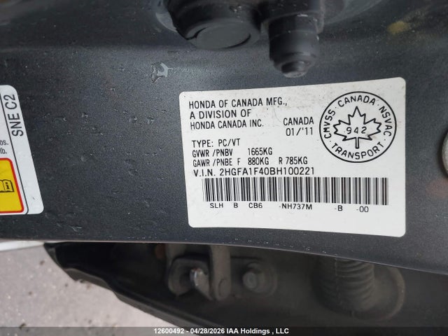 Aukcja sprzedaży 2011 Honda Civic Dx-g, vin: 2HGFA1F40BH100221, numer aukcji: 12600492