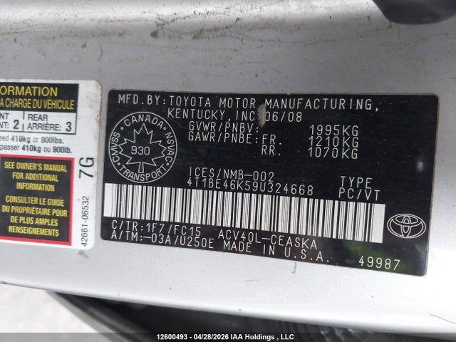 2009 Toyota Camry Se მანქანა იყიდება აუქციონზე, vin: 4T1BE46K59U324668, აუქციონის ნომერი: 12600493